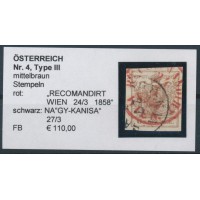 ÖSTERREICH 1850 6kr, DOPPELENTW.:NAGY-KANISA (Ungarn)+ROTSTEMPEL RECOMMANDIRT/W