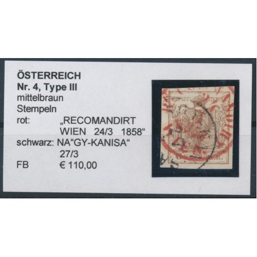 ÖSTERREICH 1850 6kr, DOPPELENTW.:NAGY-KANISA (Ungarn)+ROTSTEMPEL RECOMMANDIRT/W
