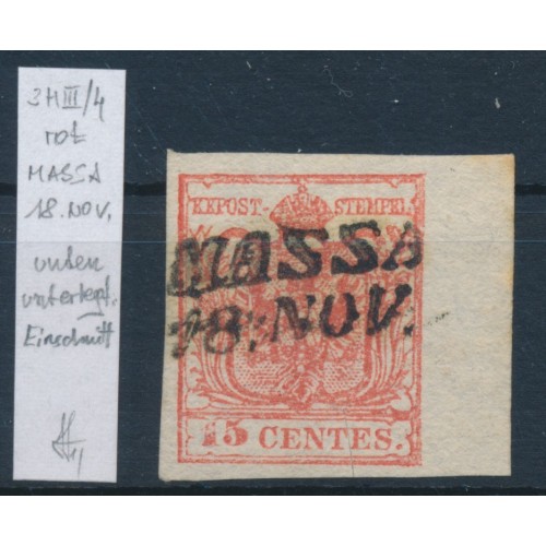 LOMBARDEI-VENETIEN 1850 15C, HP, Type III. Platte 4, RAND:6,5-7mm! P.F! MASSA. LOMBARDEI-VENETIEN 1850 15C, HP, Type III. Platte 4, RAND:6,5-7mm! P.F! MASSA.