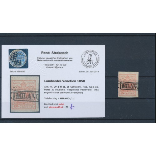 LOMBARDEI-VENETIEN 1850 15C, ROSA, HP, Type II.b, PAPIERFALTE! MILANO. Befund! P LOMBARDEI-VENETIEN 1850 15C, ROSA, HP, Type II.b, PAPIERFALTE! MILANO. Befund! P