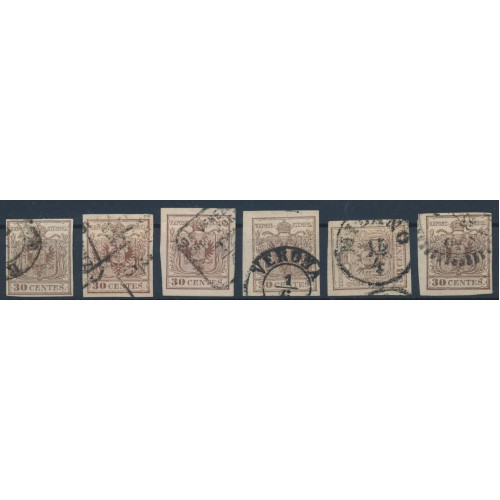 LOMBARDEI-VENETIEN 1850 6Stk.Marken! Alle 30C HANDPAPIERE! Schöne Farben!