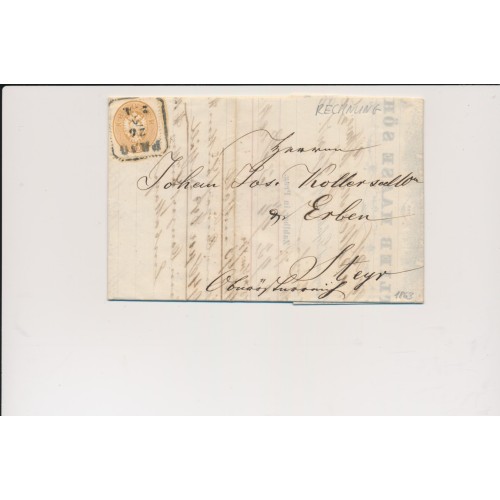 ÖSTERREICH 1863 15kr, Brief, RECHNUNG! 15kr Stempelmarke, PRAG nach STEYR. ÖSTERREICH 1863 15kr, Brief, RECHNUNG! 15kr Stempelmarke, PRAG nach STEYR.