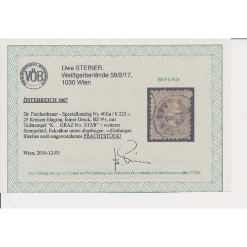 ÖSTERREICH 1867 25kr, LILAGRAU! FEINER DRUCK! Dr.Ferch:225,-€! GRAZ. VÖB! PRACHT