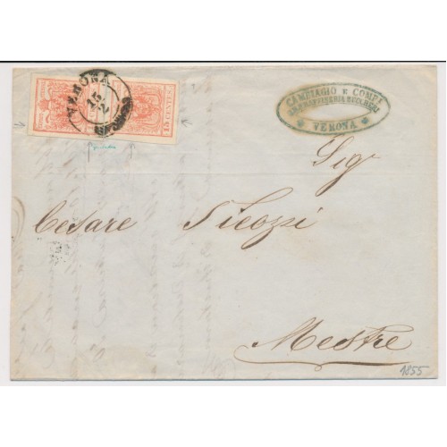 LOMBARDEI-VENETIEN 1855 2*15C PLATTENFEHLERN! Brief (Inhalt) VERONA nach MESTRE