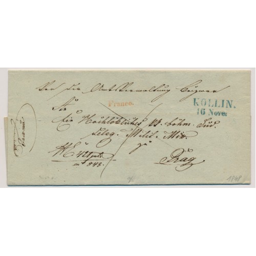 ÖSTERREICH 1848 Brief, BLAUSTEMPEL KOLLIN (B) Mü:40P!+ROTSTEMPEL 'Franco' Mü:80P