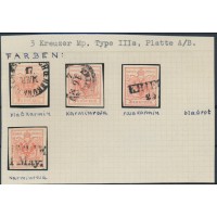 ÖSTERREICH 1850 4Stk.Marke! Alle 3kr, MP, Type III.a, Platte A/B, FARBVARIANTE!
