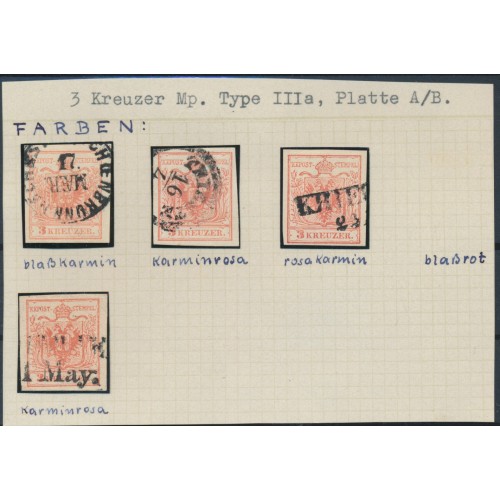 ÖSTERREICH 1850 4Stk.Marke! Alle 3kr, MP, Type III.a, Platte A/B, FARBVARIANTE! ÖSTERREICH 1850 4Stk.Marke! Alle 3kr, MP, Type III.a, Platte A/B, FARBVARIANTE!