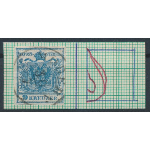 ÖSTERREICH 1850 9kr, HP, Type III. GROßES WASSERZEICHEN! MODERN (Ungarn) Mü:70P!