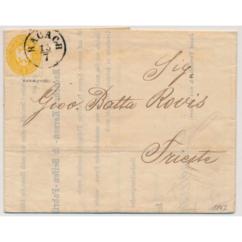 ÖSTERREICH 1867 2Kr, DRUCKSACHE (Inhalt) RACACH (Kr) - TRIESTE. SEITZ BESTIMMUNG