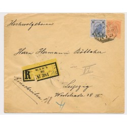ÖSTERREICH 1897 5kr GA-Umschlag+10kr REKO-BRIEF, WIEN nach LEIPZIG.