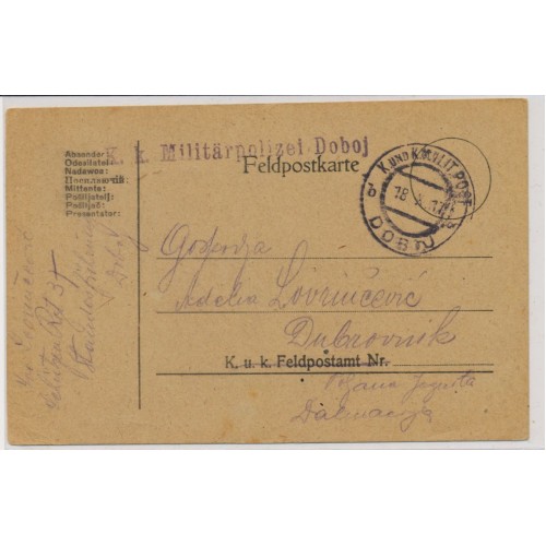 BOSNIA 1917 FELDPOSTKARTE, DOBOJ nach DUBROVNIK.