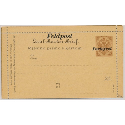 BOSNIA 1900 6h KARTEN-BRIEF, Aufdrucke: FELDPOST und Portofrei. Ungebraucht *