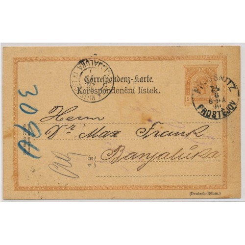 ÖSTERREICH 1899 2kr KARTE, PROSSNITZ nach BANJALUKA (Bosnia)