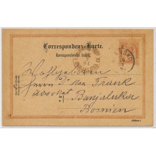 ÖSTERREICH 1894 2kr KARTE, BLANSKO nach BANJALUKA (Bosnia)