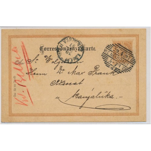 ÖSTERREICH 1897 2kr KARTE, WR.NEUSTADT nach BANJALUKA (Bosnia)