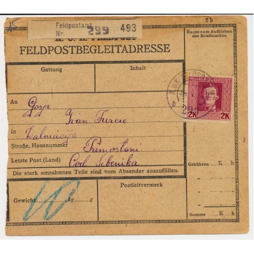 FELDPOST 1918 2K BEGLEITADRESSE, FELDPOSTAMT Nr.299 nach Sibenika