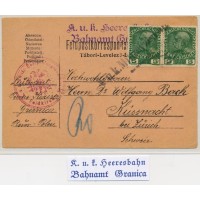 FELDPOST 1908 2*5h KARTE, K.u.K.SZERESBAHN BAHNAT GRANICA Stempel.