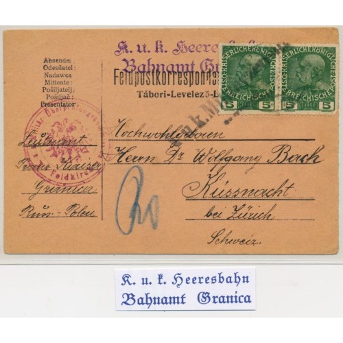 FELDPOST 1908 2*5h KARTE, K.u.K.SZERESBAHN BAHNAT GRANICA Stempel.