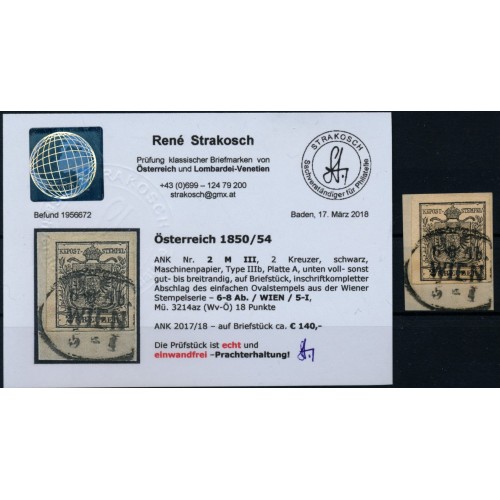 ÖSTERREICH 1850 2kr, SCHWARZ, 2 M III. Kw:140,-€! WIEN Mü:18P! STRAKOSCH Befund!