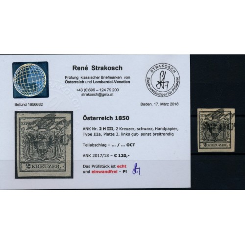 ÖSTERREICH 1850 2kr, SCHWARZ, 2 H III. Platte 3, Kw:120,-€! STRAKOSCH Befund!